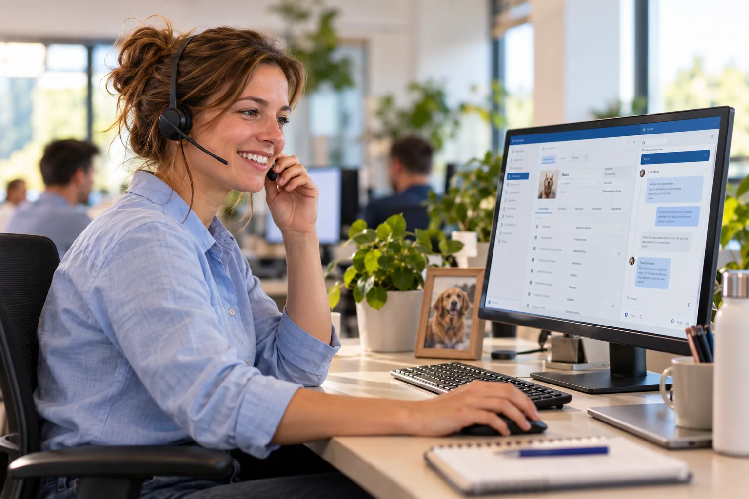 Medewerker van de klantenservice helpt een dierenarts aan de telefoon