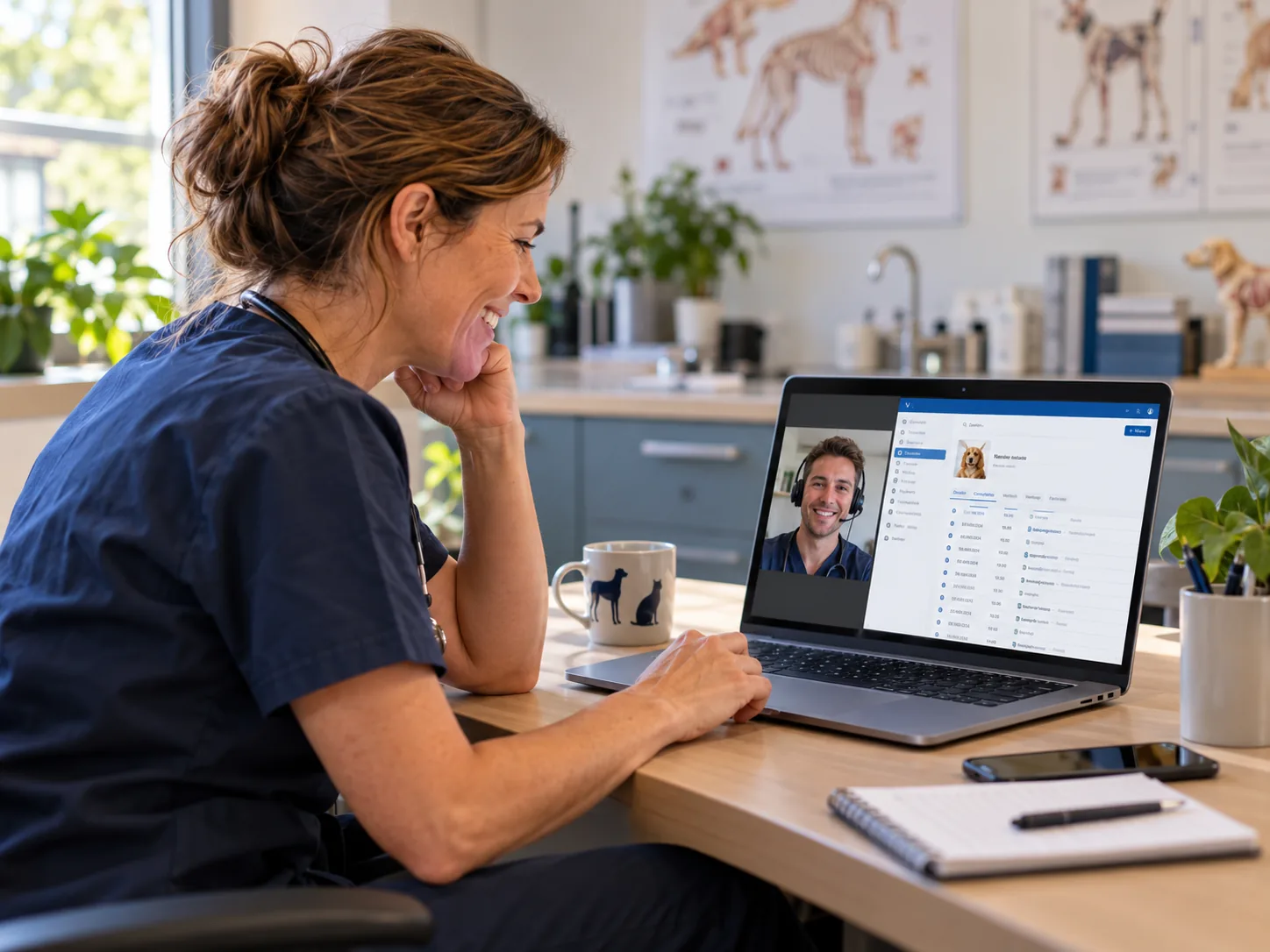 Une vétérinaire suit une démo en ligne de VETCloud par visioconférence sur son ordinateur portable