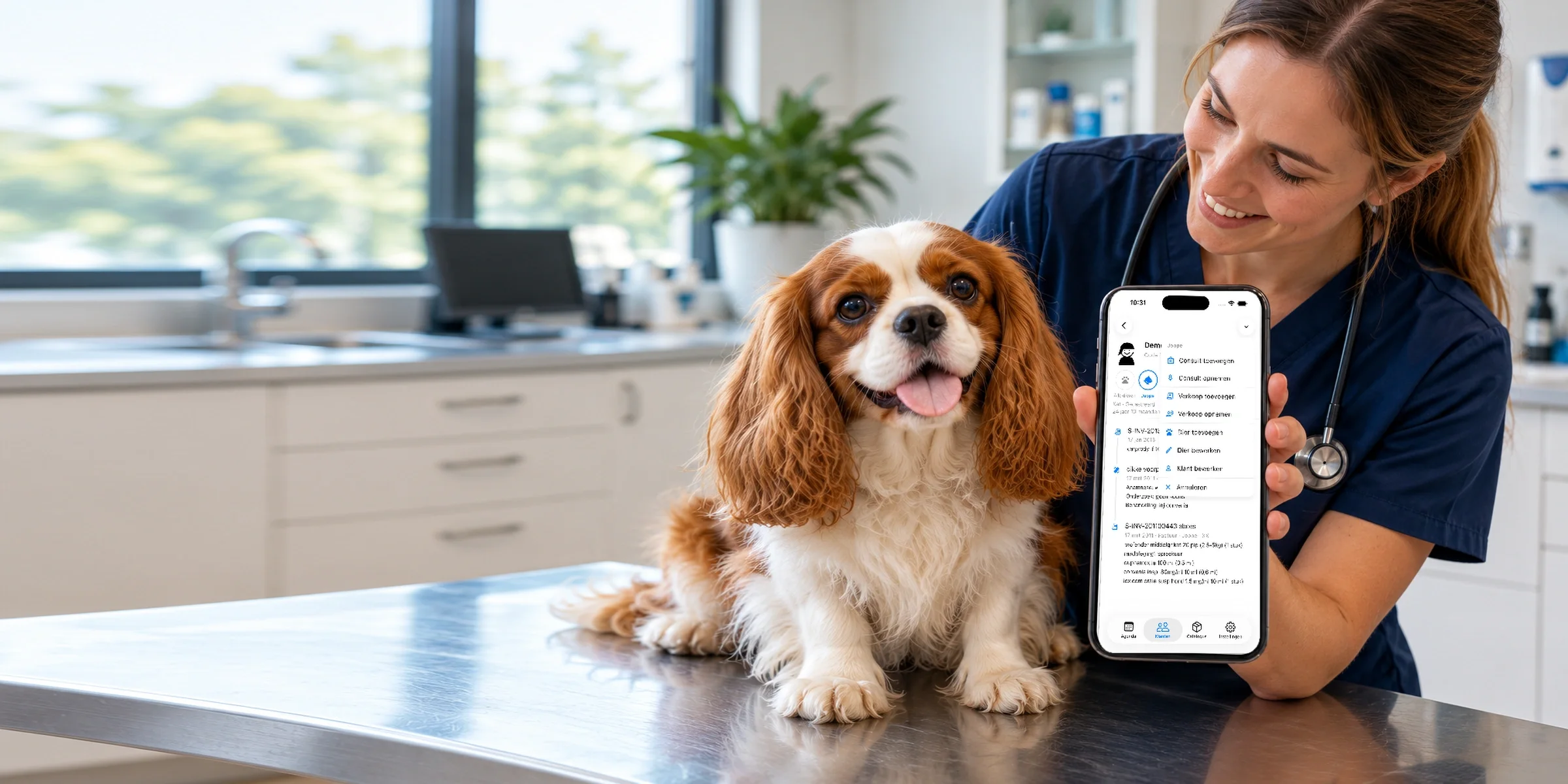 Une vétérinaire avec l’application VETCloud près d’un chien sur la table d’examen