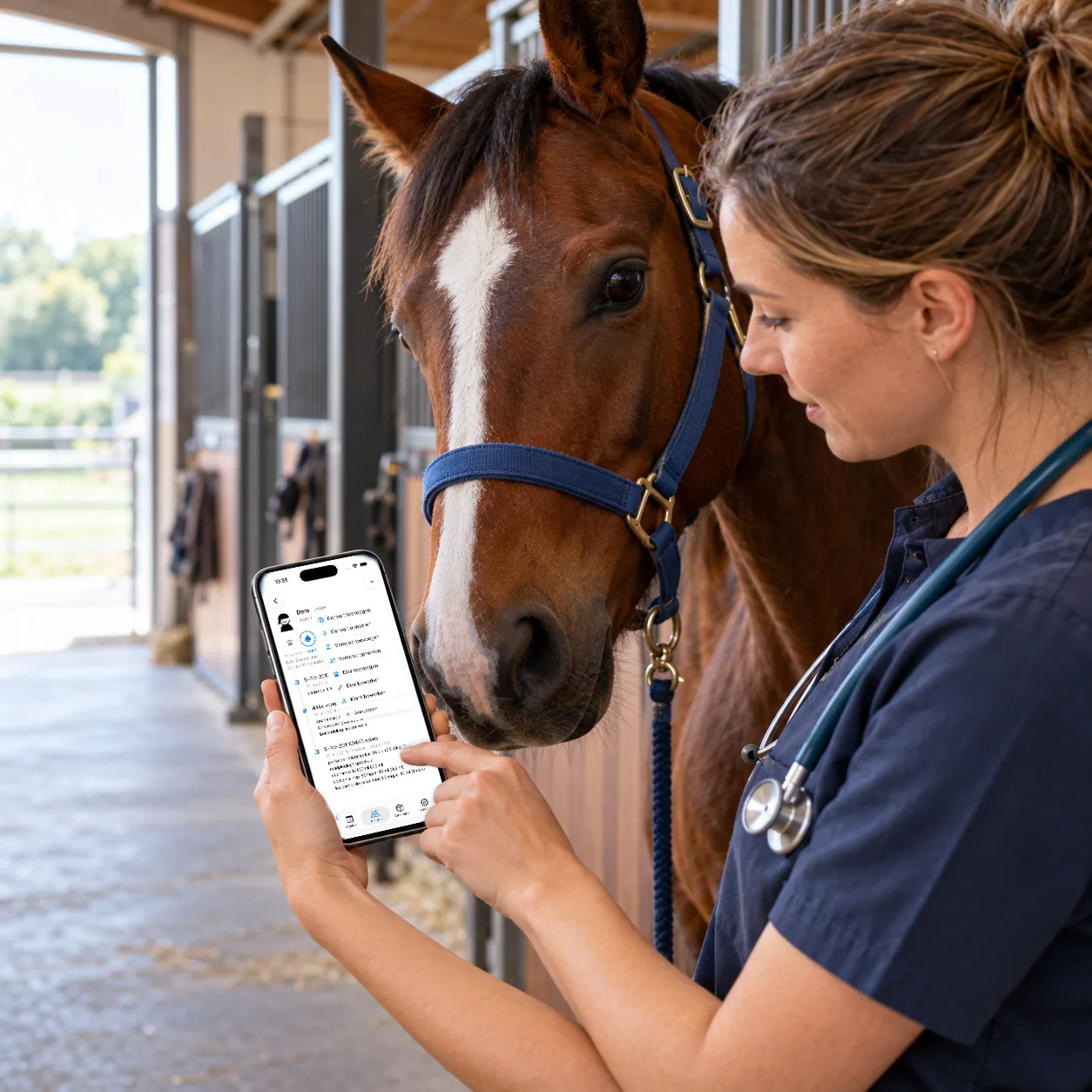 Vétérinaire équine avec l’application VETCloud dans une écurie