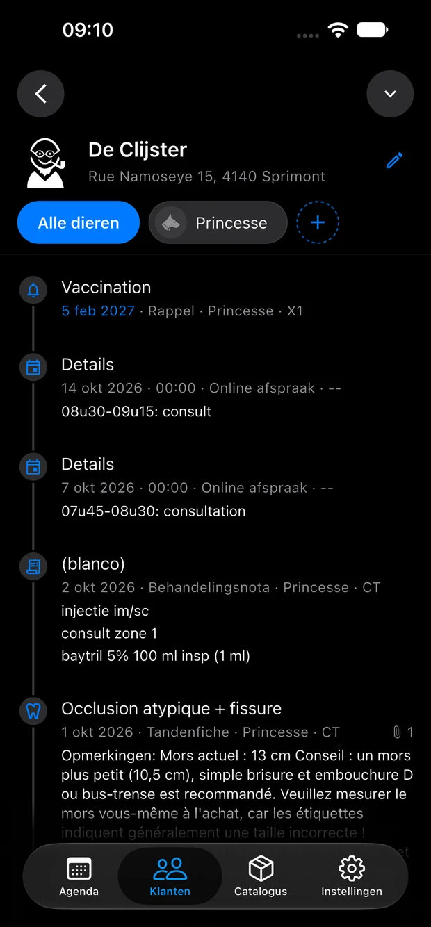 Dossier client avec historique dans l’application VETCloud