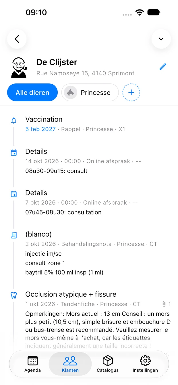 Dossier client avec historique dans l’application VETCloud