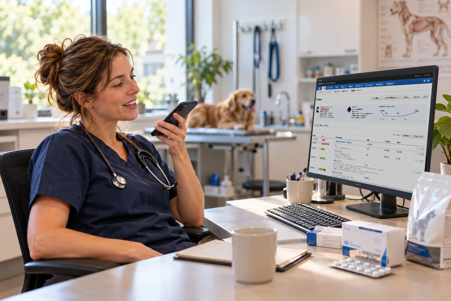 Une vétérinaire dicte les produits vendus sur son téléphone pendant que la facture se crée à l’écran