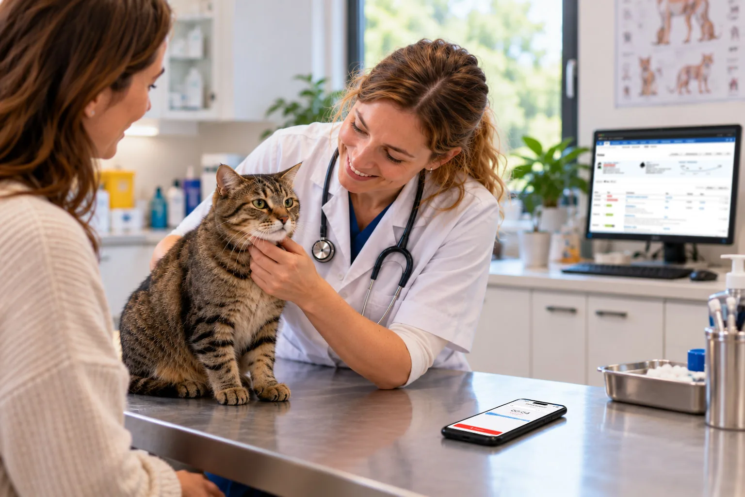 Une vétérinaire examine un chat et parle avec la propriétaire, tandis que le téléphone posé sur la table enregistre la conversation et que le compte rendu s’affiche à l’écran