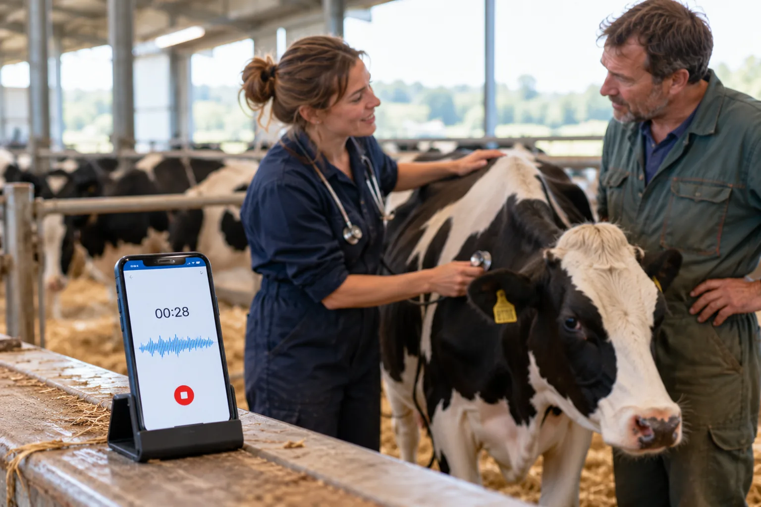 Un téléphone sur un support enregistre la conversation pendant que la vétérinaire examine une vache et parle avec l’éleveur