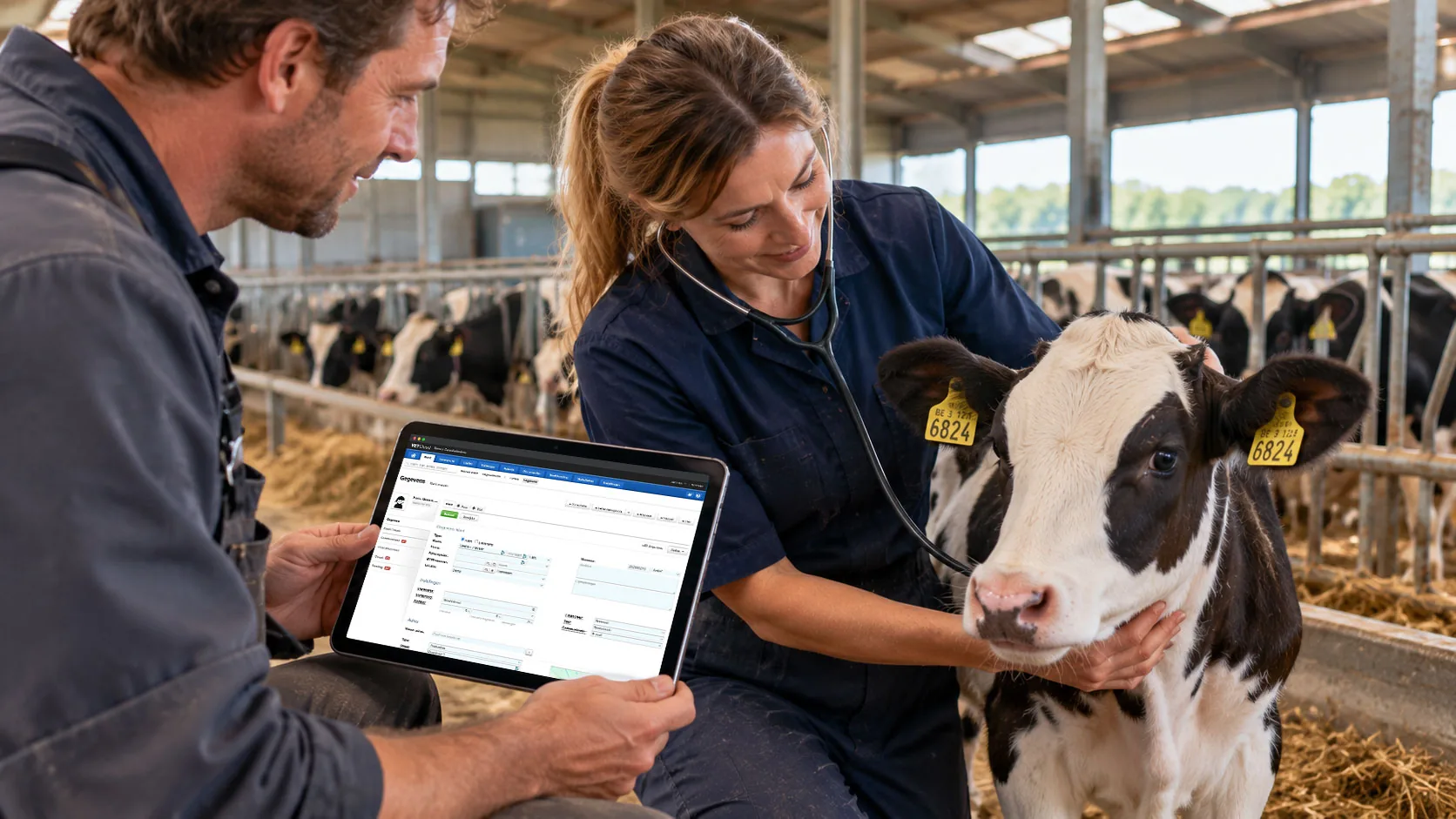 Une vétérinaire auprès d’un veau pendant que l’éleveur consulte le dossier dans VETCloud sur une tablette